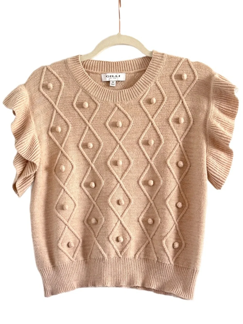 Gilli Cream Ruffle Sleeve Pom Pom Sweater Top Medium